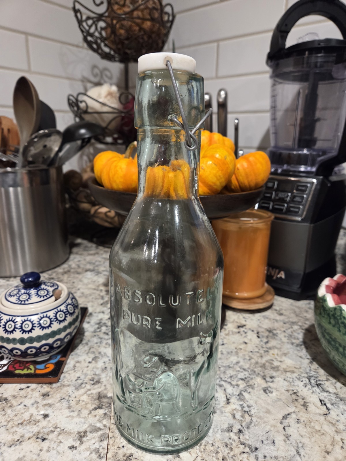 Absolutely Pure Milk Clear Glass Bottle Wire Bail Ceramic Stopper Embossed