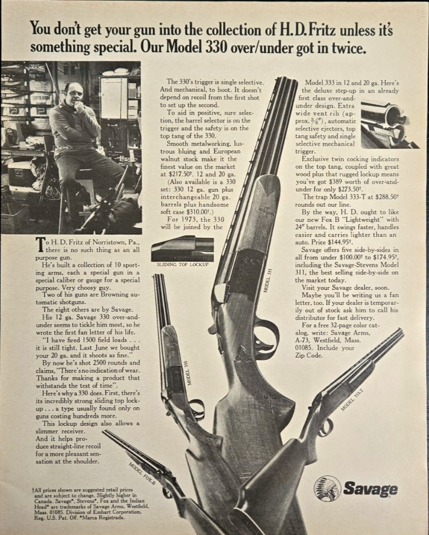 1973 Vintage Savage Arms Print Ad Original Model 330 333 Over Under Shotgun Art