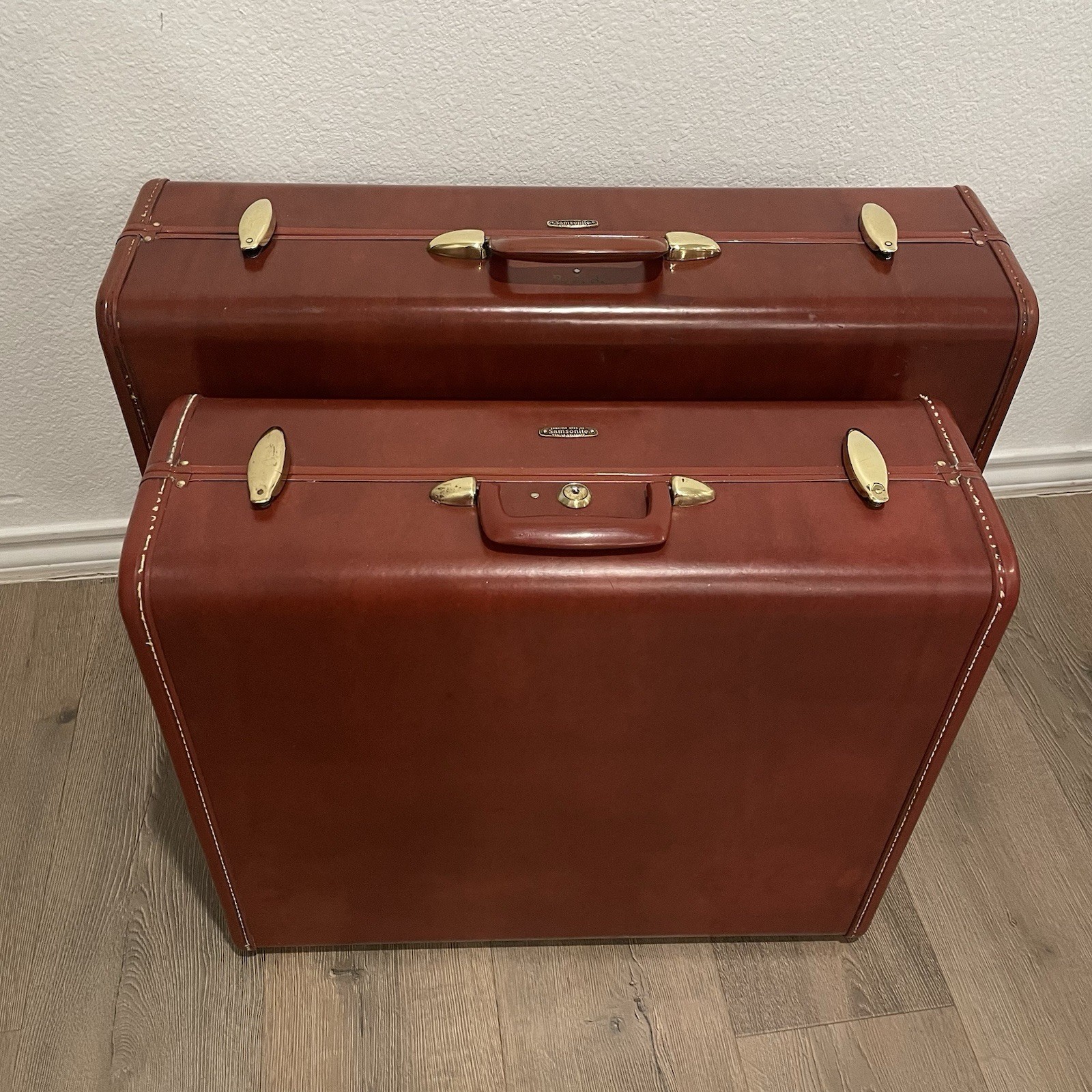 Samsonite Vintage Luggage Hard Case Leather Edge Brown (Set of 2)