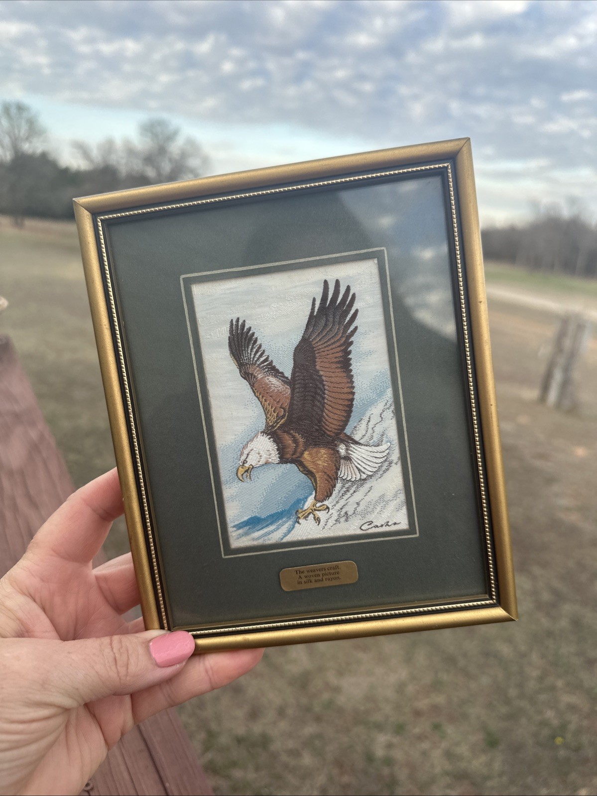 Vtg Cash's Woven Silk Embroidered Bald Eagle Framed Wall Art Picture USA Freedom
