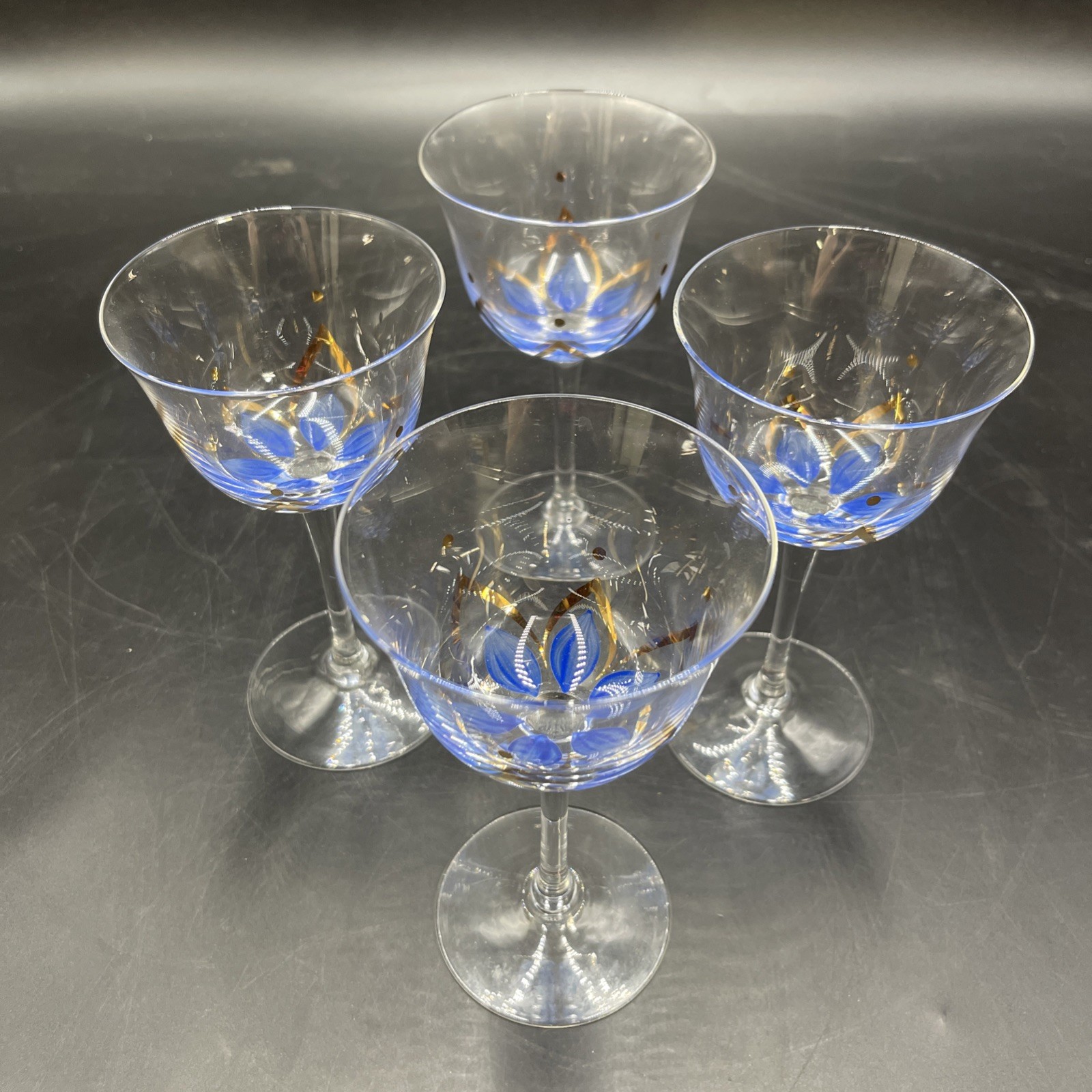 Hand Painted Lotus Floral Blue and Gold Tulip Wine Goblet Crystal Stemmed Set 4