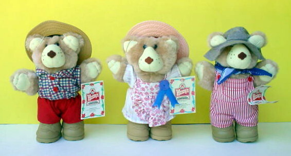 (3) 1986 Wendy’s Furskins Plush Stuffed Bears 7" Dudley Boone & Hattie + Hat Tag
