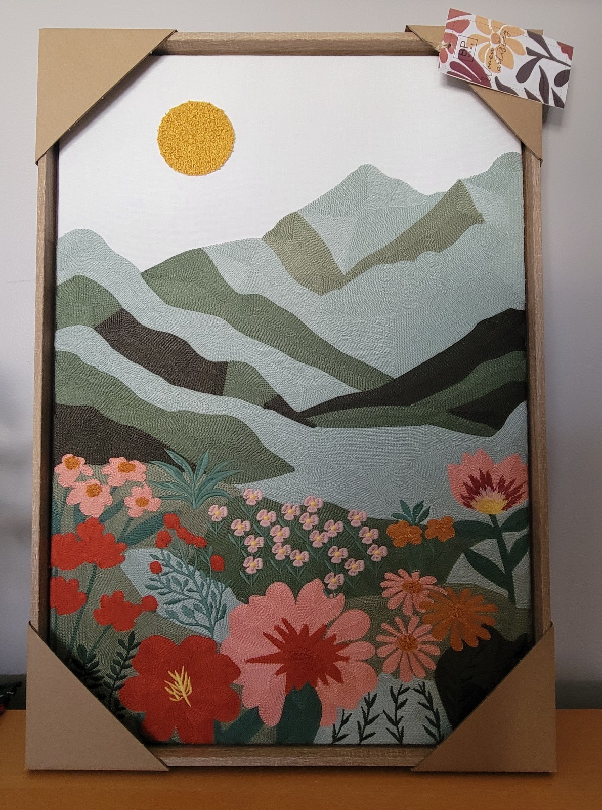 New BP Home Embroidered Woven Wall Art Mountains Wildflowers Green 18”x26”