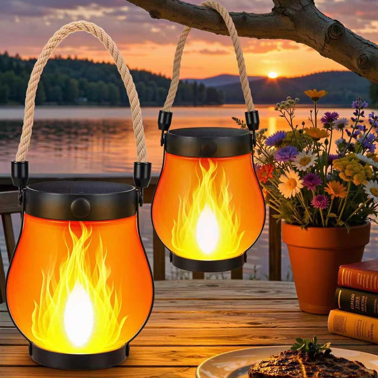 2 Pack Solar Flame Lantern Lights — Flickering Flame Hanging Lanterns Outdoor,