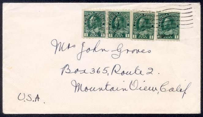 CANADA #123 P8 4 SINGLES 1948 TO USA