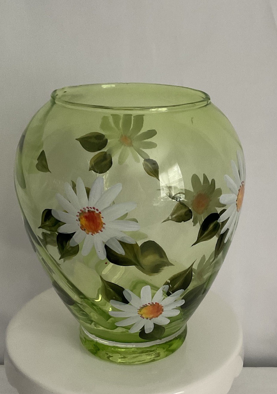Hand Painted Green Daisy Vase 7” Tall 4” Opening
