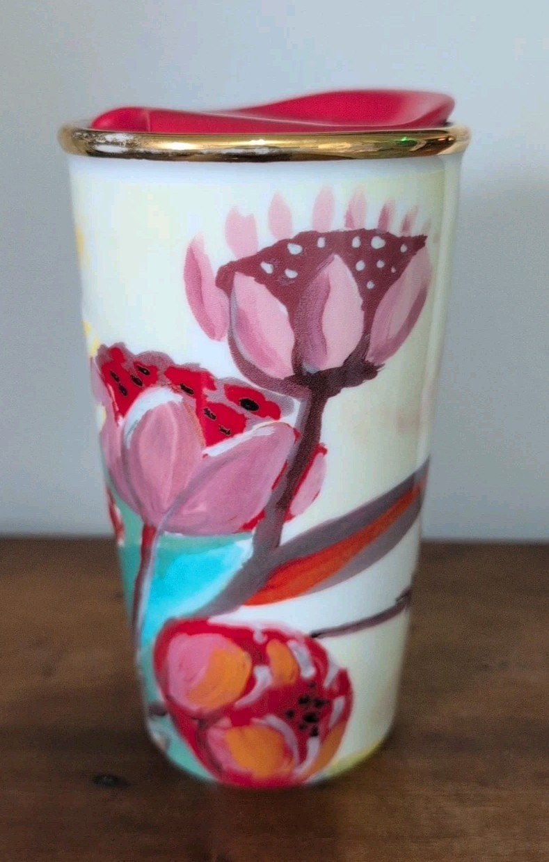 Starbucks 2014 Watercolor Floral 10 oz Ceramic Traveler Tumbler Mug Red Lid
