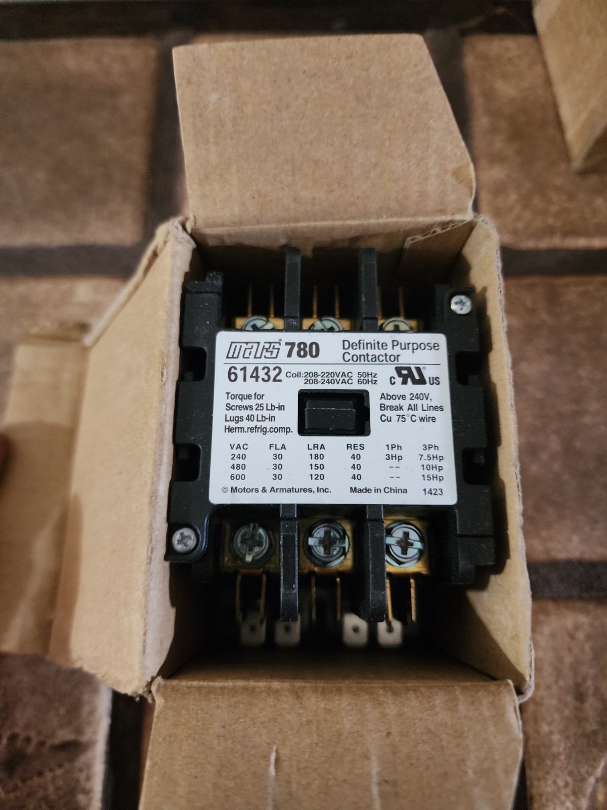 Mars 780 Definite Purpose Contactor 61432 208-240V 50Hz/60Hz 3-Pole 30FLA New 