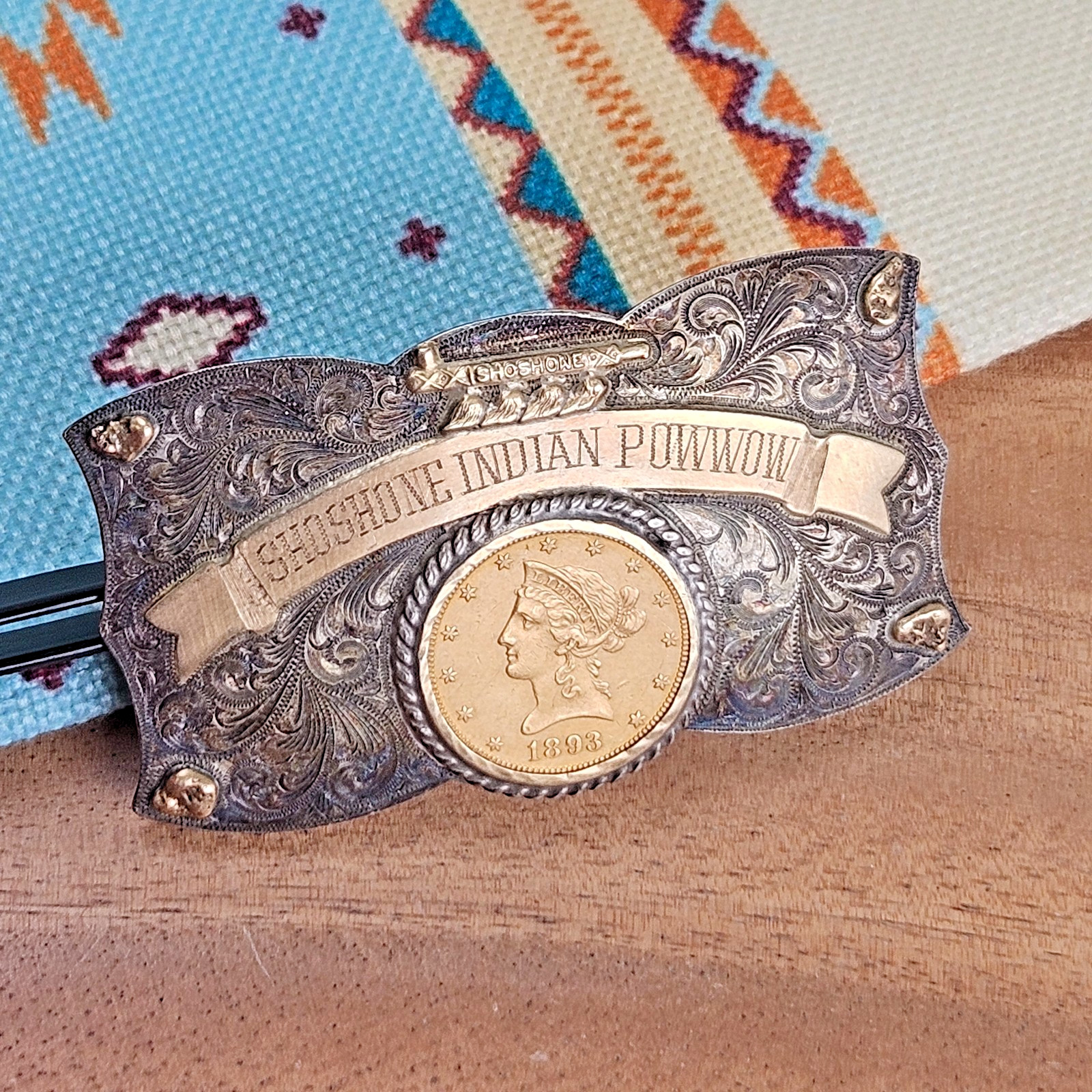 Sterling Silver & 14K/90% Gold $10 Eagle Coin Shoshone Indian Powwow Belt Buckle