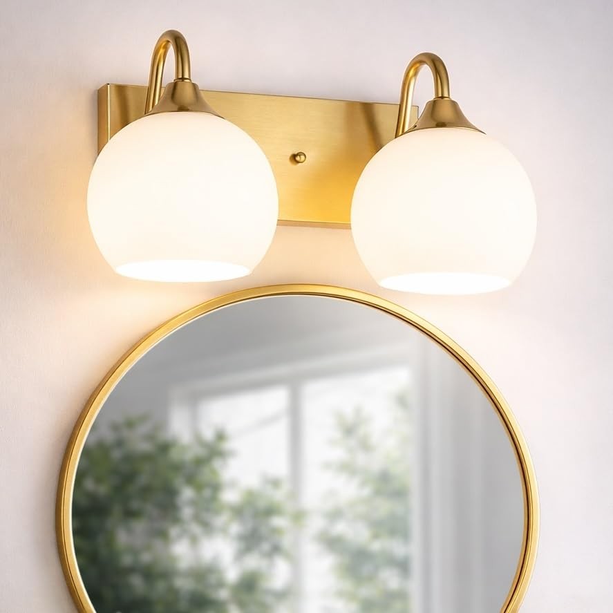  Globe Bathroom Light Fixtures, Brushed Gold Brushed Gold & Milk Glass- 2 light