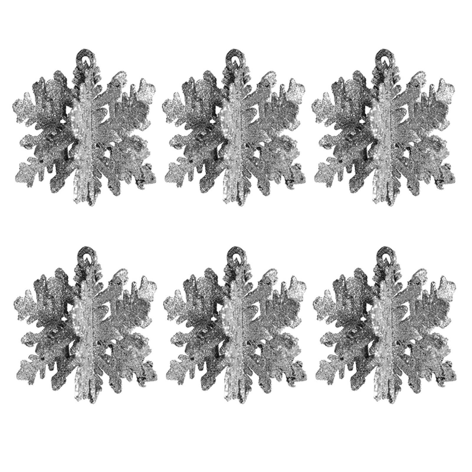 Christmas 3D Glitter Snowflakes 6 Pack 7cm Hanging Tree Decorations - Silver