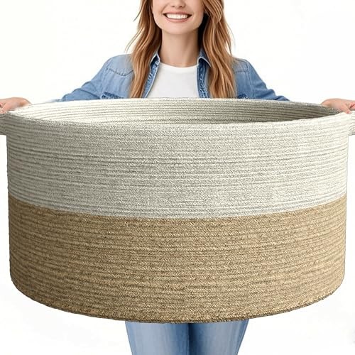 125L Extra Large Blanket Basket, 25" x 16", Jumbo Laundry 1 Pack white brown