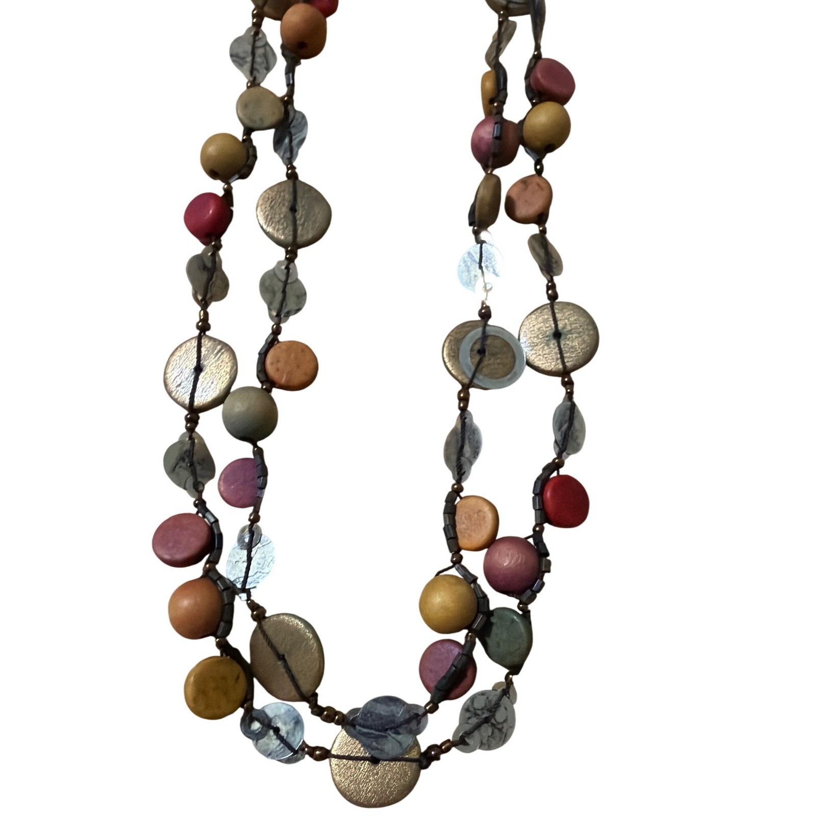 Bohemian Multi Strand Beaded Necklace Long Earthy  Wood Resin Statement Layered