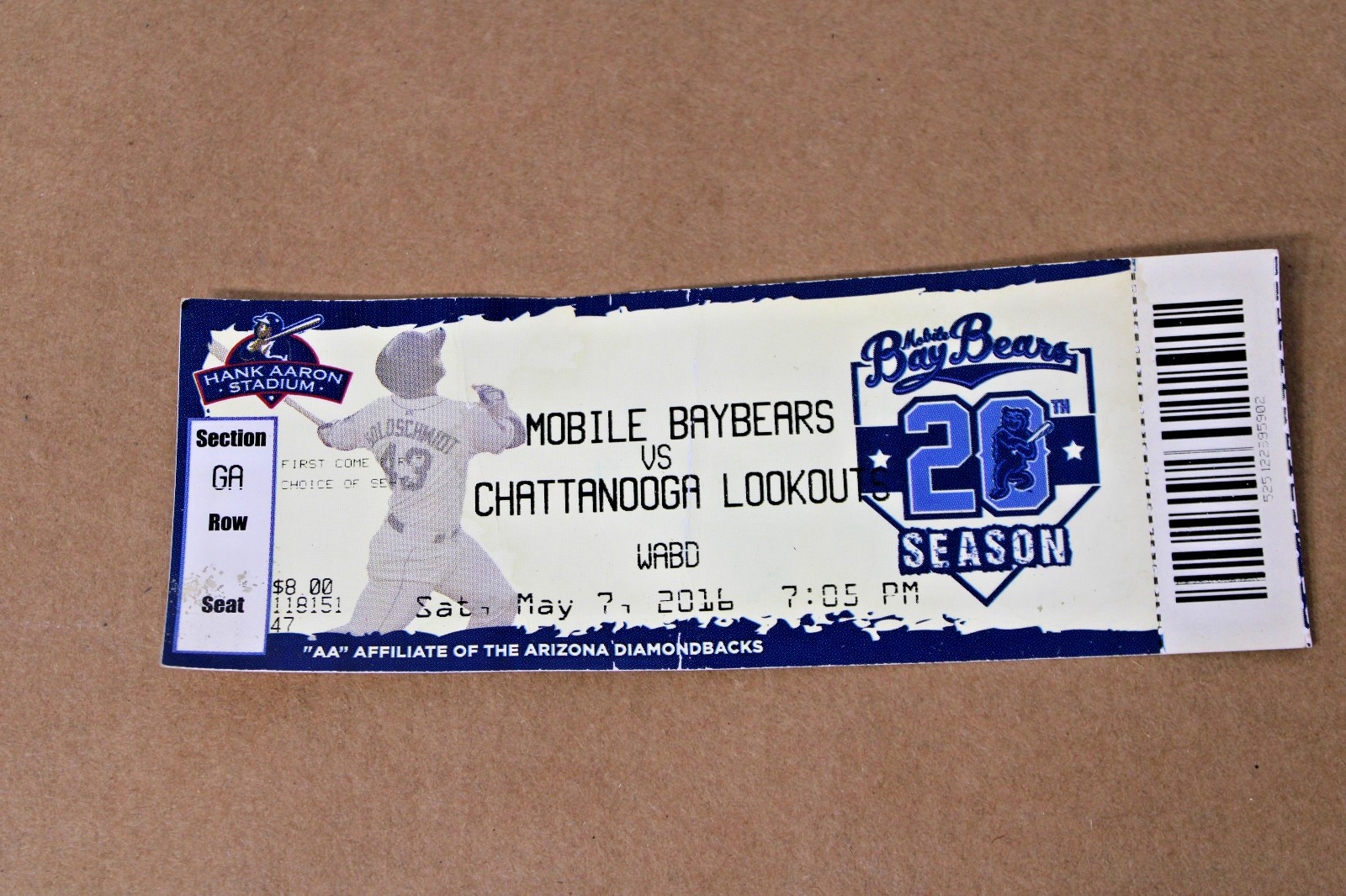 Mobile Baybears/ Chattanooga Lookout Ticket 2016 Hank Aaron Stadium Alabama