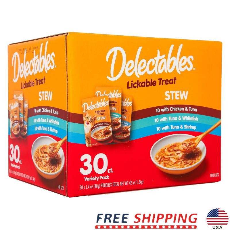 Lickable Wet Cat Treats Variety Pack 30 Count Tuna Chicken Shrimp Premium Stew