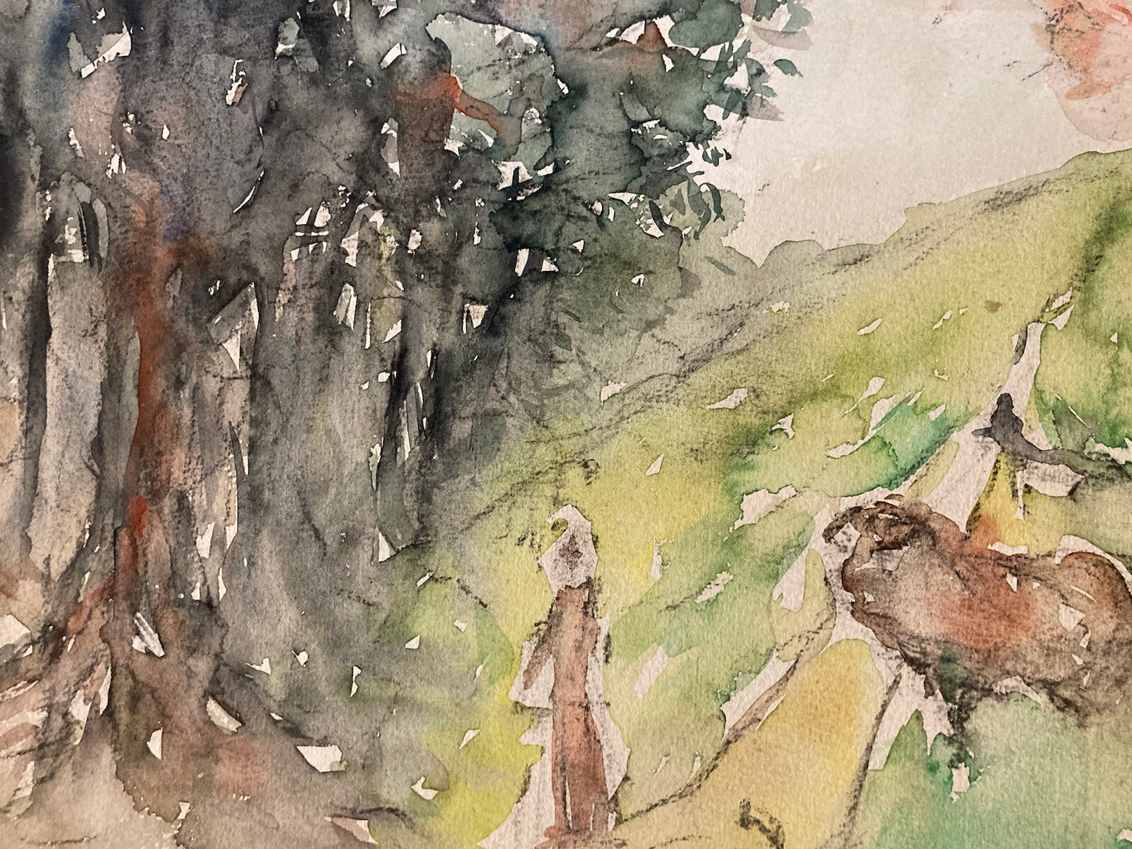 Beautiful Drawing Dominic Avetrani Watercolor on Paper Cow Bull Road Forest 1950