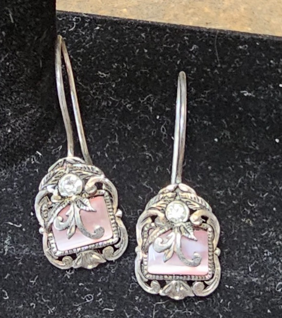 Sterling Silver Pink Stone Wireback Dangle Earrings 1 3/8" drop stamped PETIH