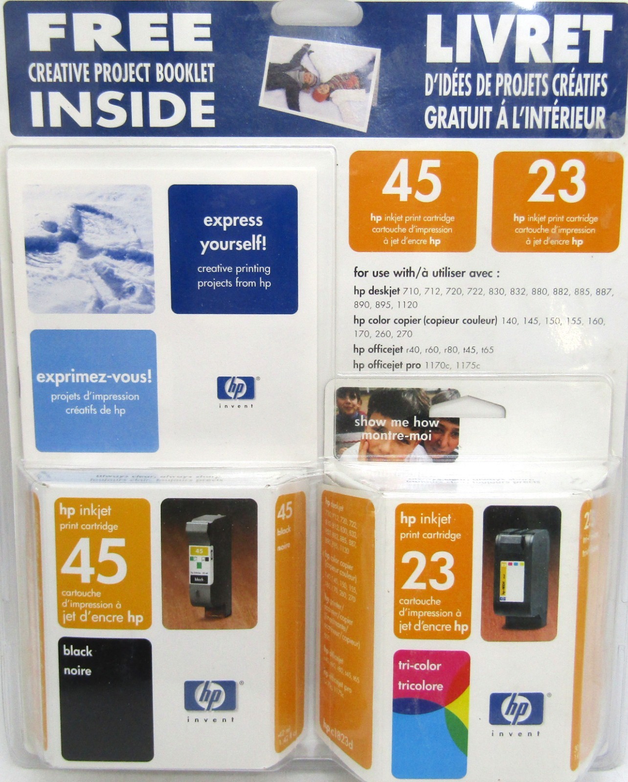 HP 23 Tri-Color Genuine ink cartridge sealed & HP 45 Black Ink EXP 12/2003.