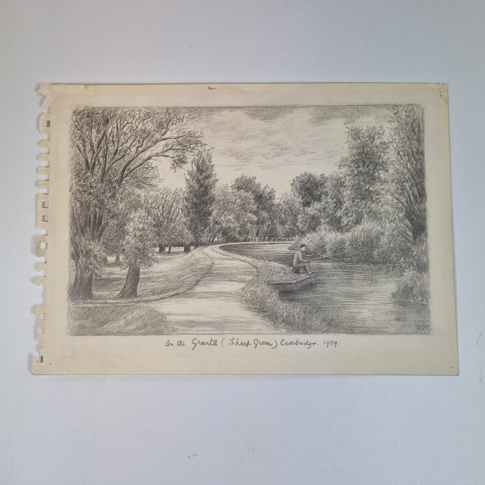 Vintage Pencil Drawing "On The Granta, Cambridge 1959" Signed Initials H. P. T.