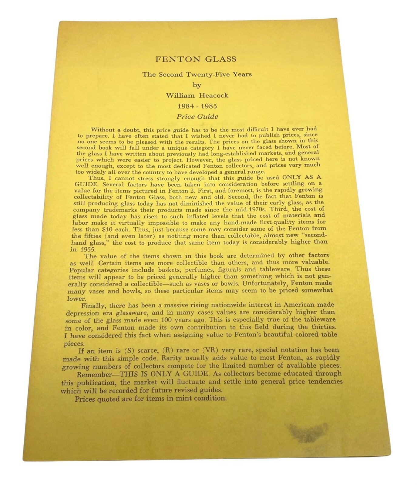 Fenton Glass The 2nd Twenty Five Years Price Guide by William Heacock 1984-1985