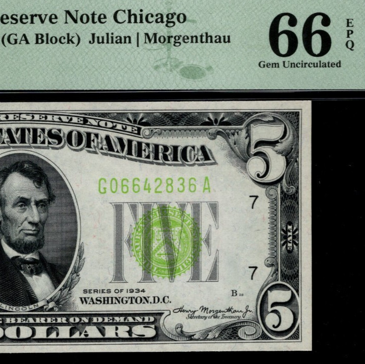 Five Dollar Lime Green Seal PMG 66 EPQ FR 1955G Chicago 1934 $5 LGS