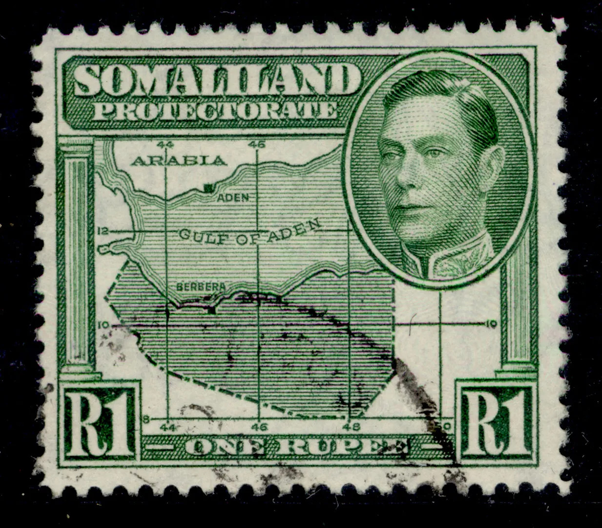SOMALILAND PROTECTORATE GVI SG101, 1r green, FINE USED. Cat £120.