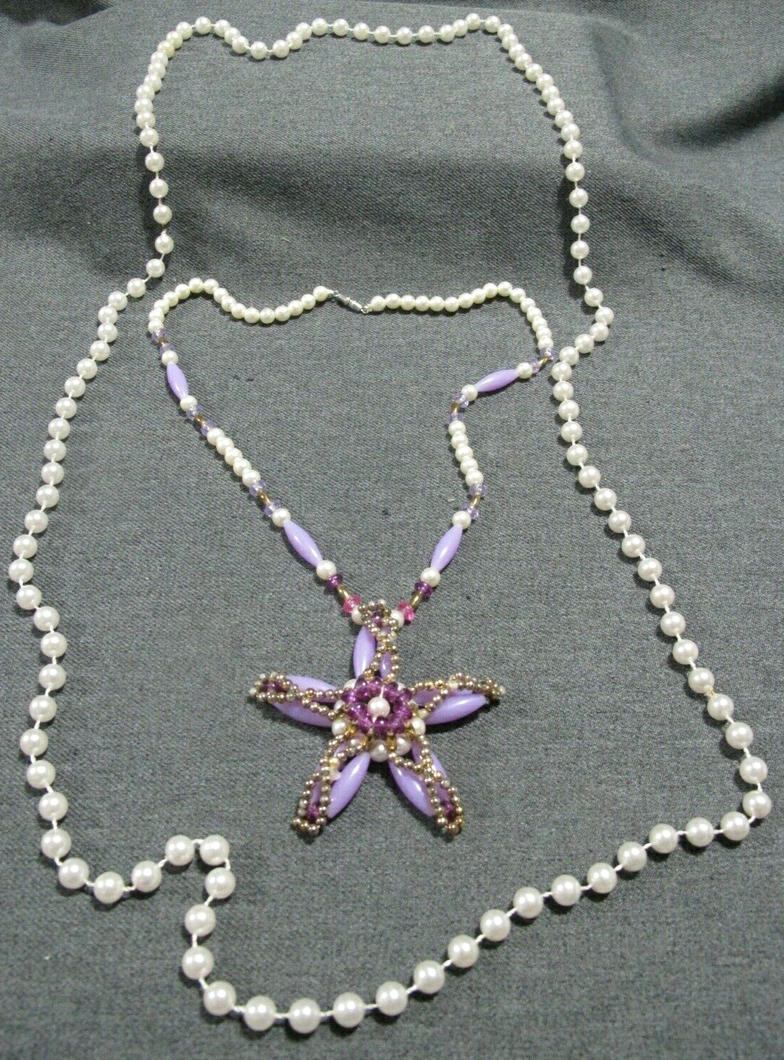 Vintage flapper style thermoplastic faux pearls long +lilac flower necklaces lot