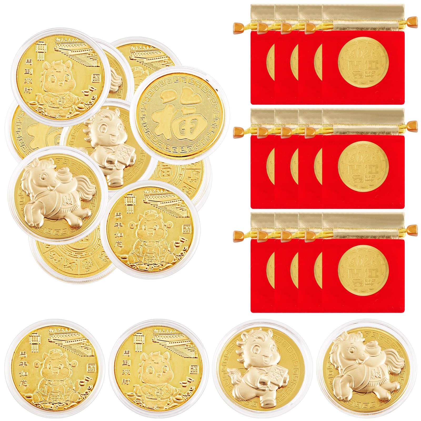 12 Pcs Year of The Horse 2026 Coin with Chinese Fu Bags, Chinese Zodiac Decor...