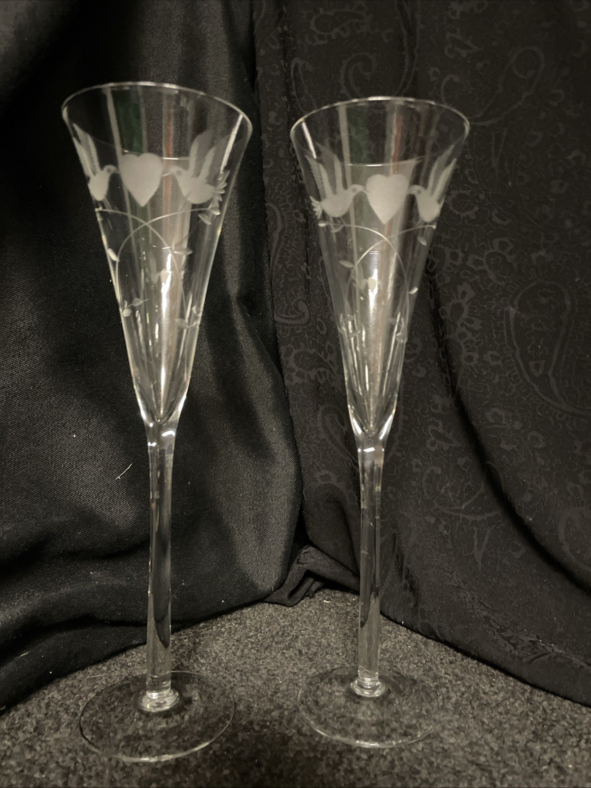 Vintage Etched Crystal Champagne Flutes With Heart Doves & Floral 10.75”  EUC
