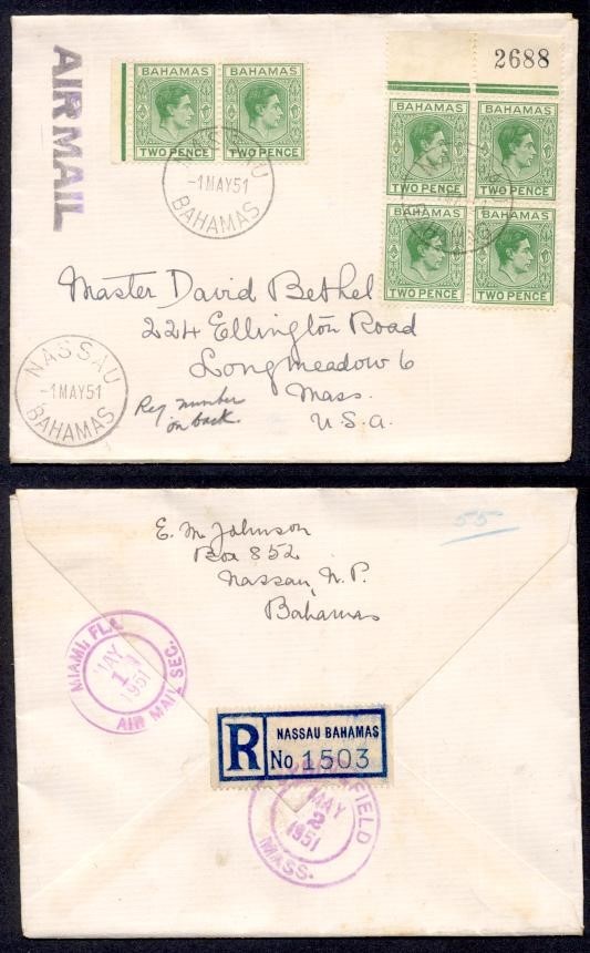 BAHAMAS 2d KGVI MARGIN BLK & PR REG TO USA