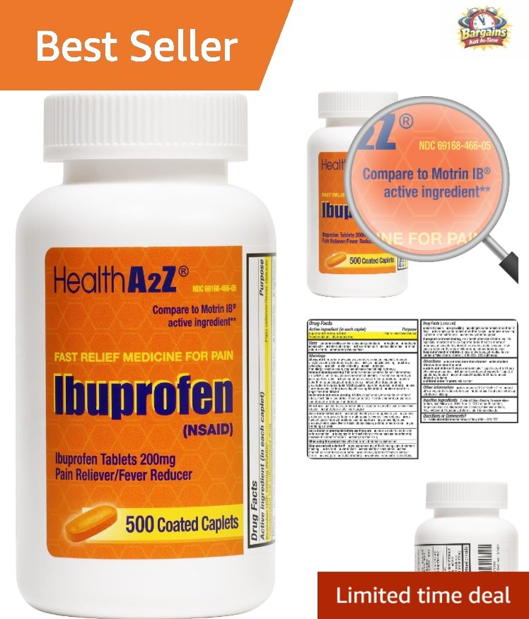 High-Quality 200mg Ibuprofen Caplets, 500 Count - Effective Pain & Fever Control