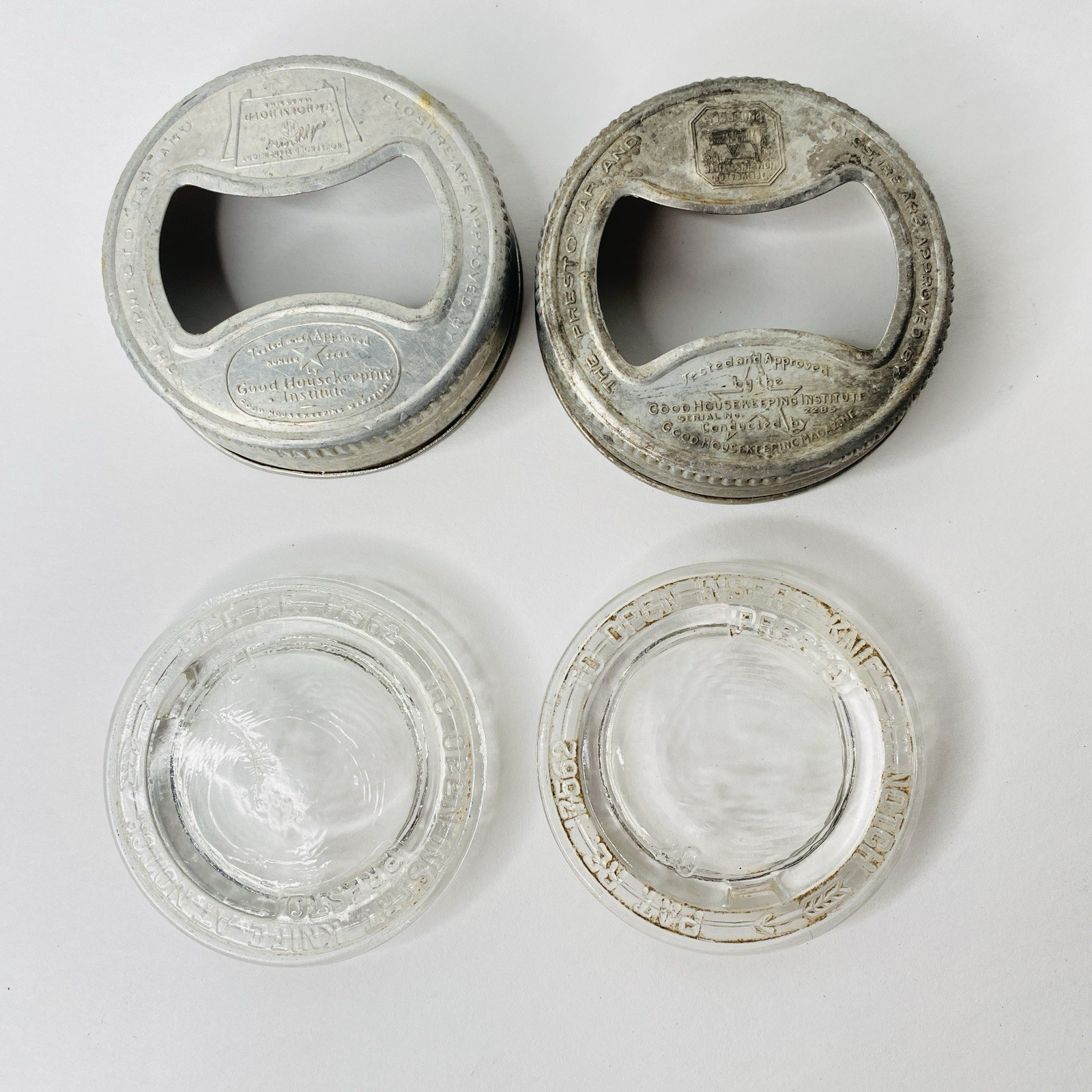 2 Vintage Aluminum Reg Mouth Bow Tie Canning Lids with Presto Glass Inserts