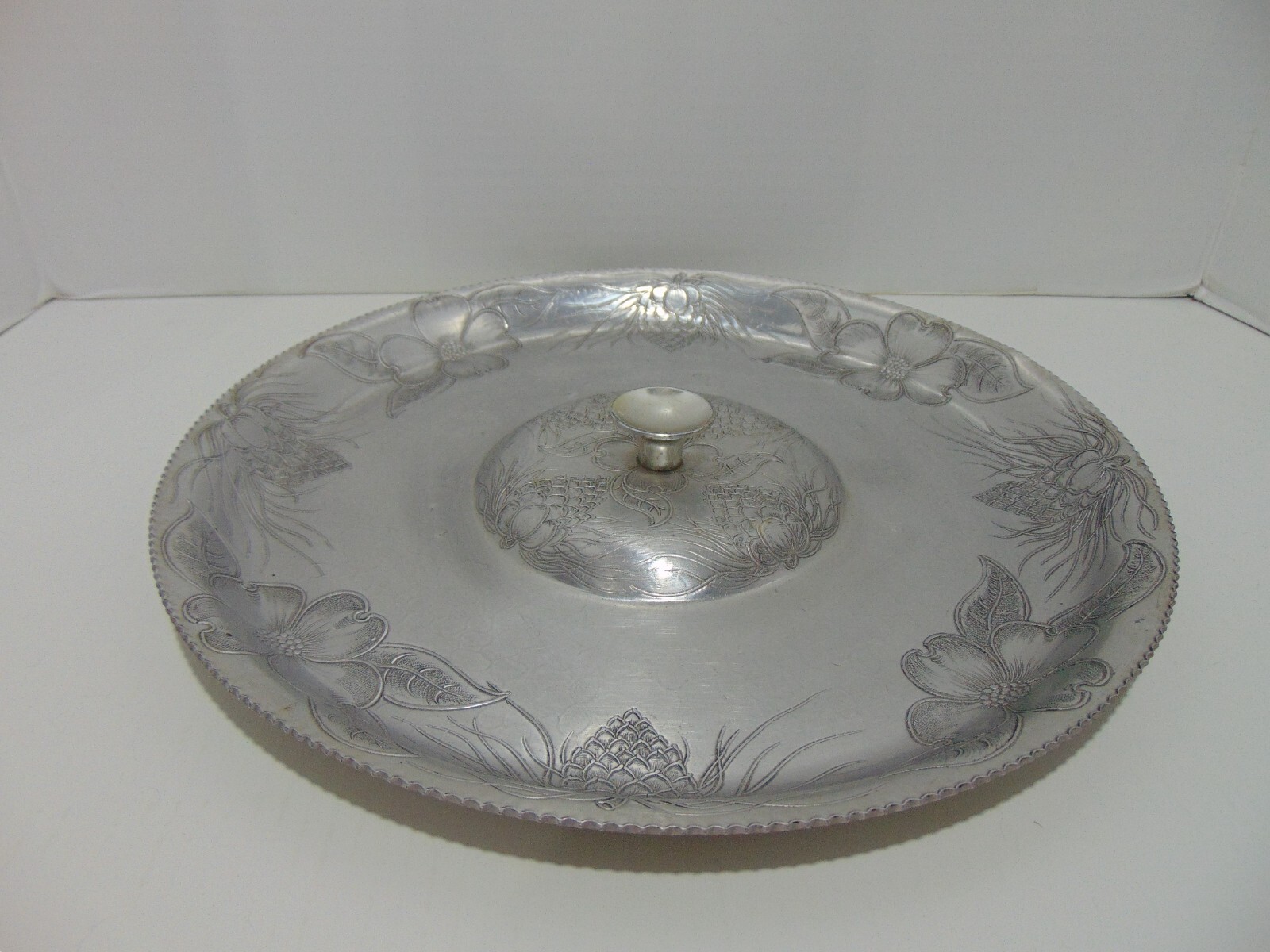 Embossed Aluminum Round Serving Platter Plate Floral Pattern With Carrying Knob