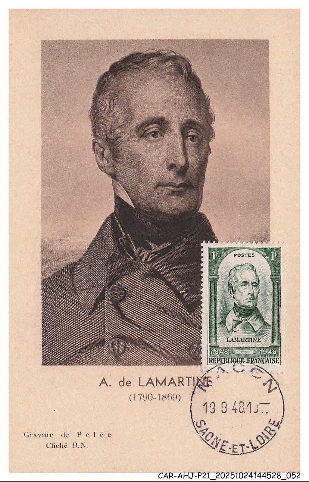 CAR-AHJP21-1079-CARD-MAXIMUM - A De Lamartine - 1948