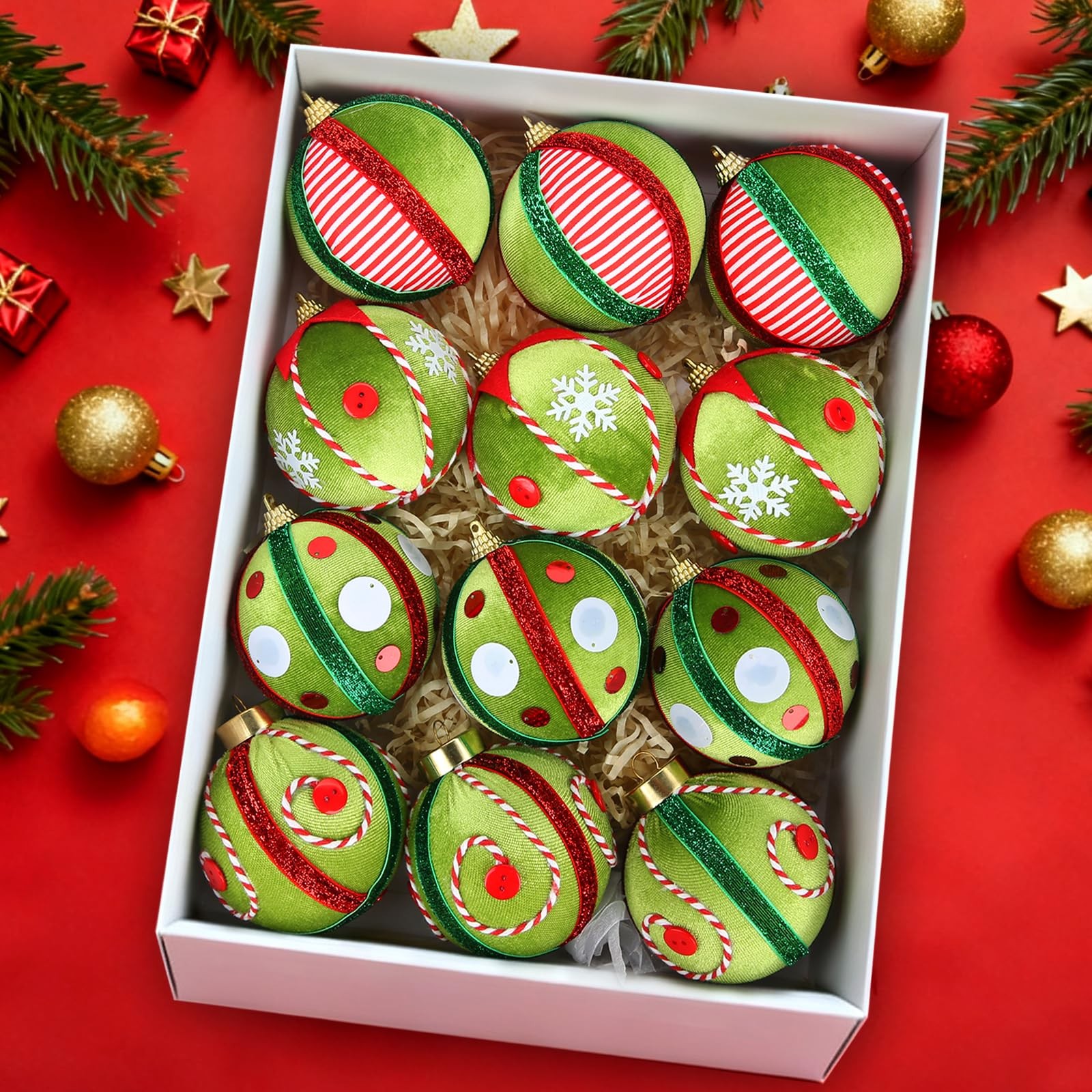 12 Pcs Velvet Christmas Ornaments Set, 80mm/3.15in Large Green Red White 