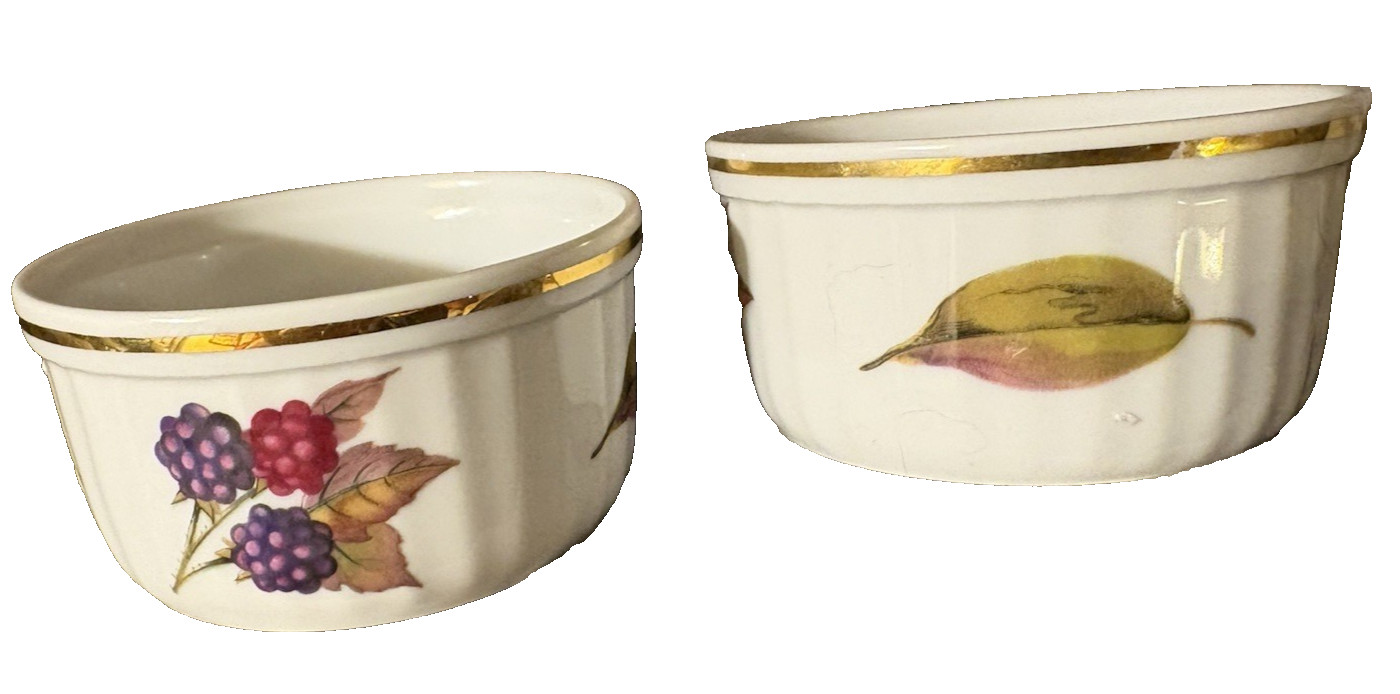 Vintage 1961 Royal Worcester Fine Porcelain "Evesham Gold" Set/2 Ramekins