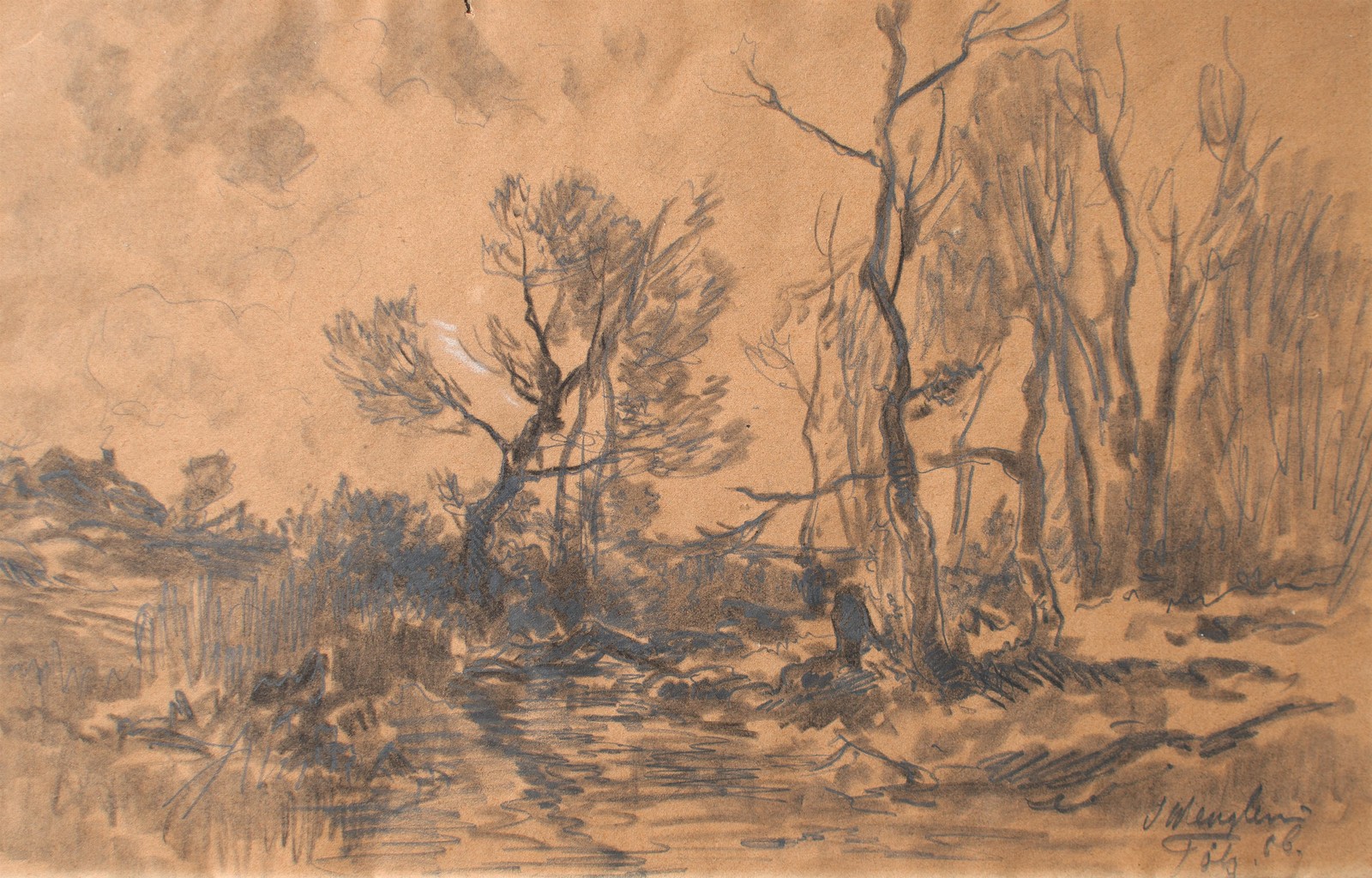 Josef Wenglein river landscape Bad Tölz signed unique pencil drawing 1886