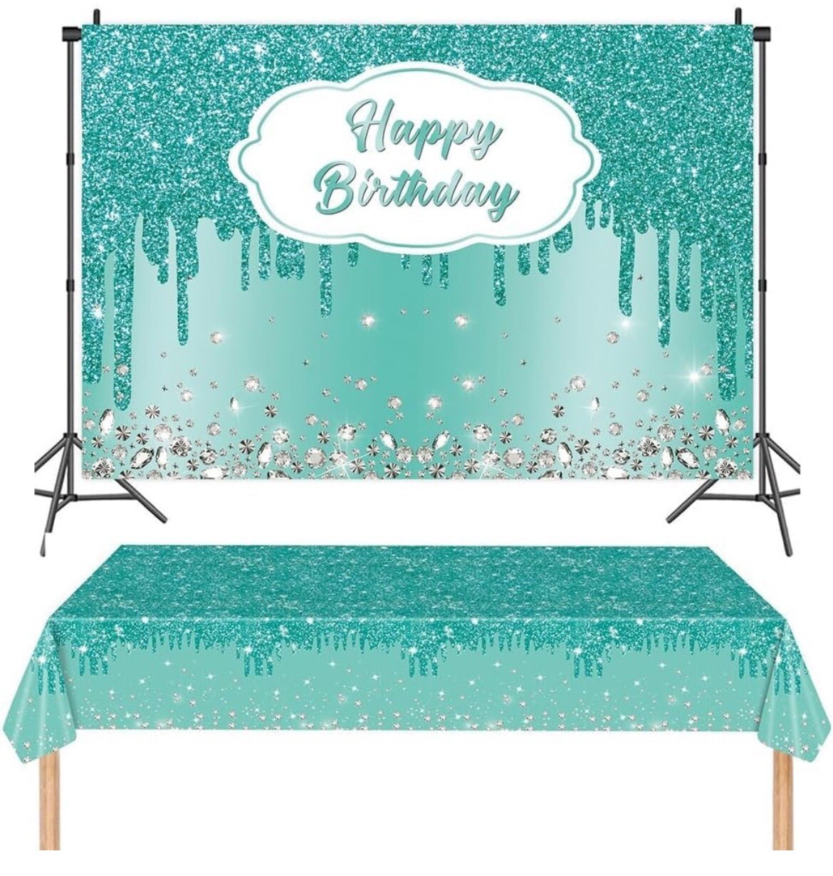 XCKALI Teal Blue Birthday Backdrop and Tablecloth Kit Glitter Teal Blue Diamond