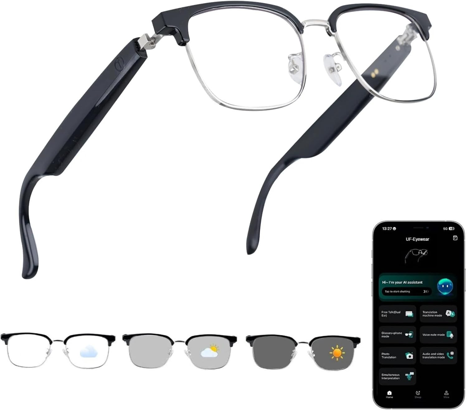 AI Smart Glasses, Bluetooth Audio Glasses with Real-Time Translator for 164 Lang