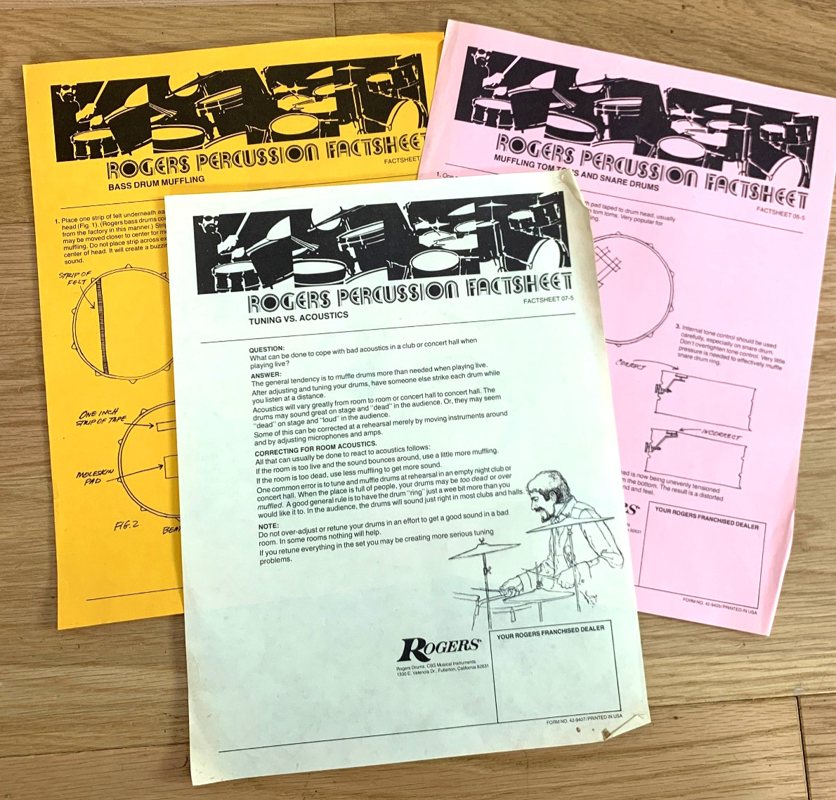 Lot of 3x ROGERS Percussion Fact Sheet Handouts 70s 80s Vtg Muffling Tuning USA