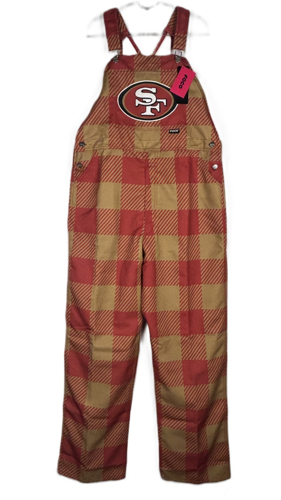 FOCO San Francisco 49ers NFL Womens Plaid Bib Overalls, Large, Full-Length