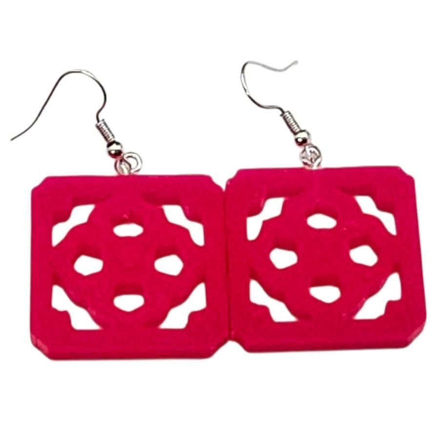 Handmade Jumbo Hot Magenta Pink Jade Tile Breezeway Dangle Earrings Tiki