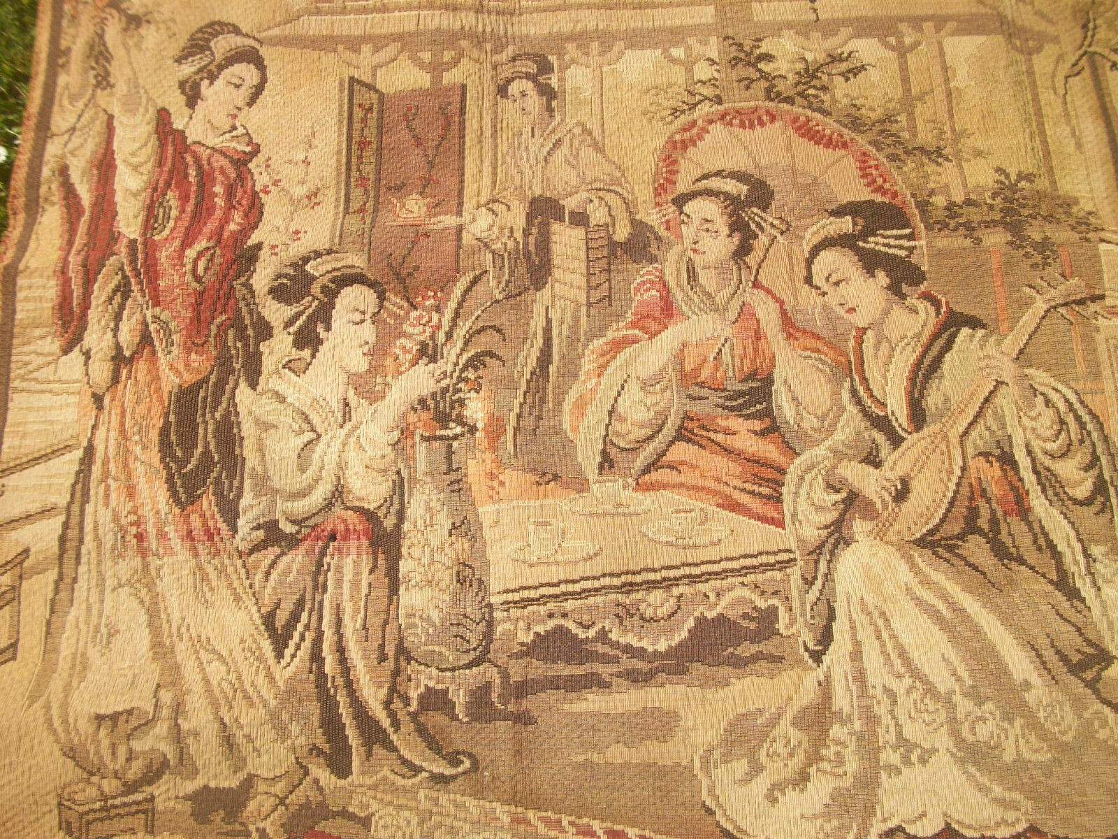 Vintage Tapestry Musical Wall Hanging 70" x 50" Geisha Girl Made in Belgium