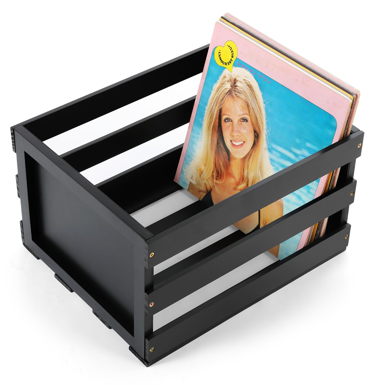 Vinyl Record Storage Crate, Black Wooden Storage Crate Box