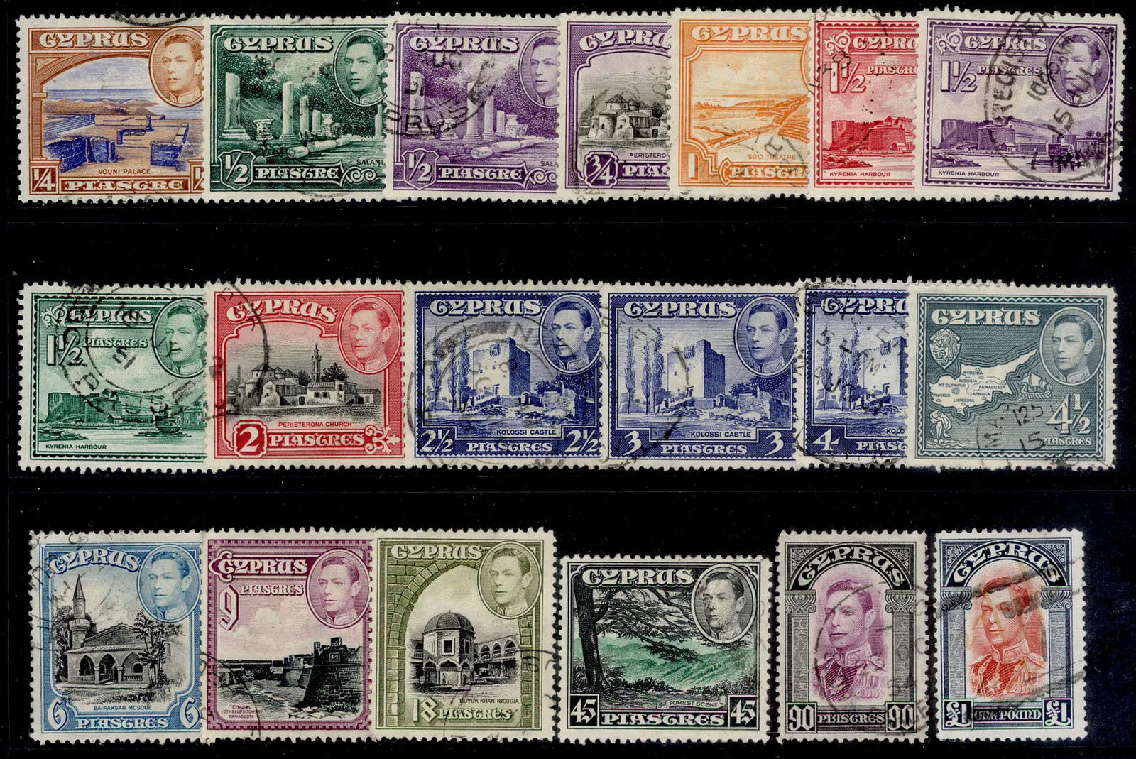 CYPRUS GVI SG151-163, 1938-51 complete set, USED. Cat £65.
