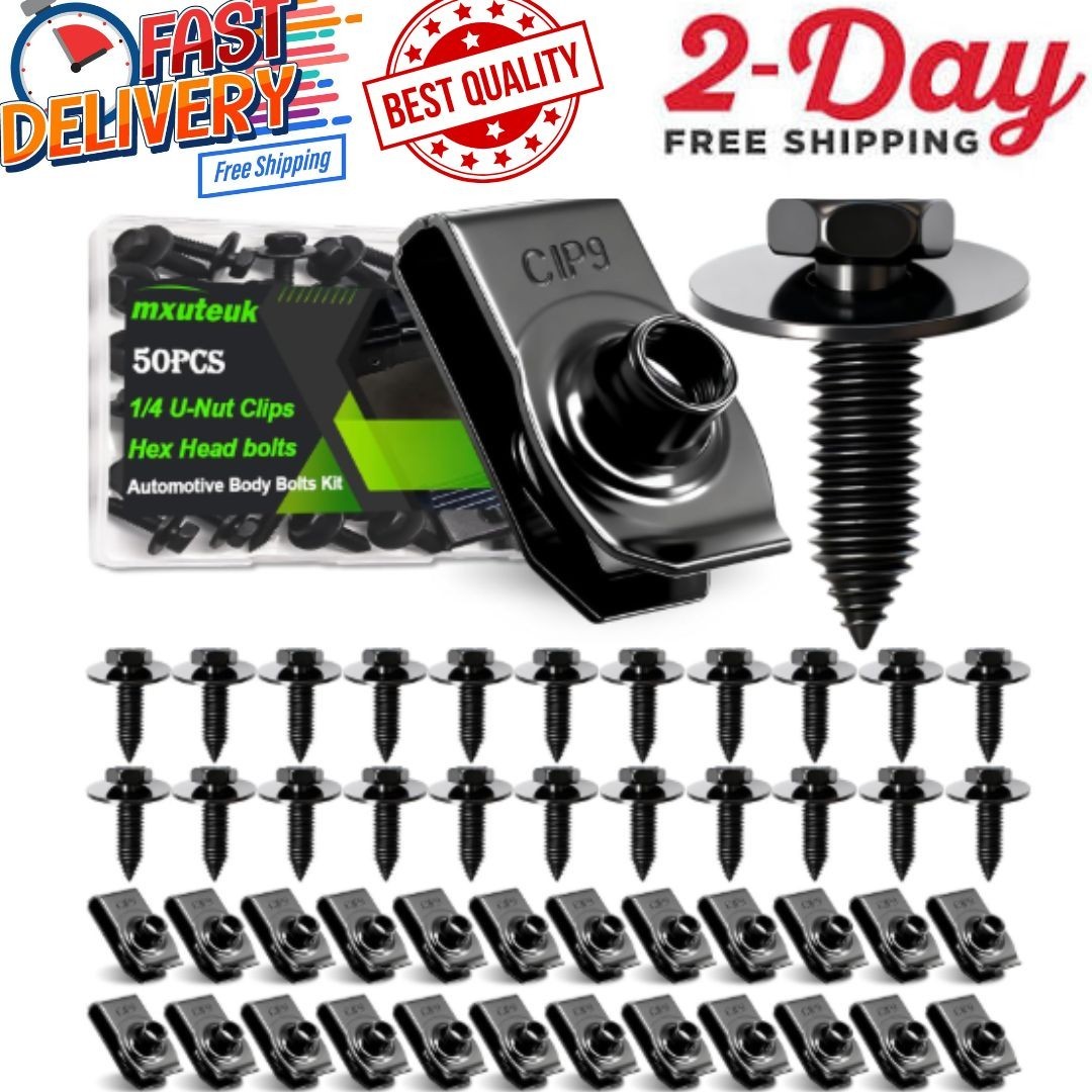 50PCS 1/4 U-Nut Clips & Hex Head Automotive Body Fender Bolts Kit,For Most Cars