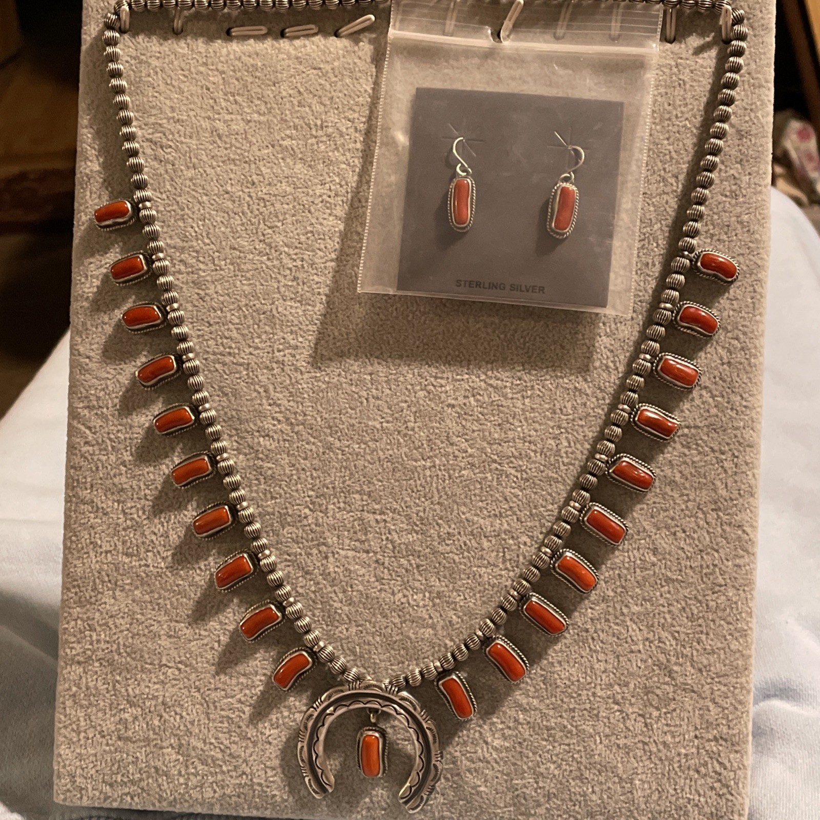 Navajo S.S. Francis YazziHandmade Squash Blossom Red Natural Coral Necklace Set