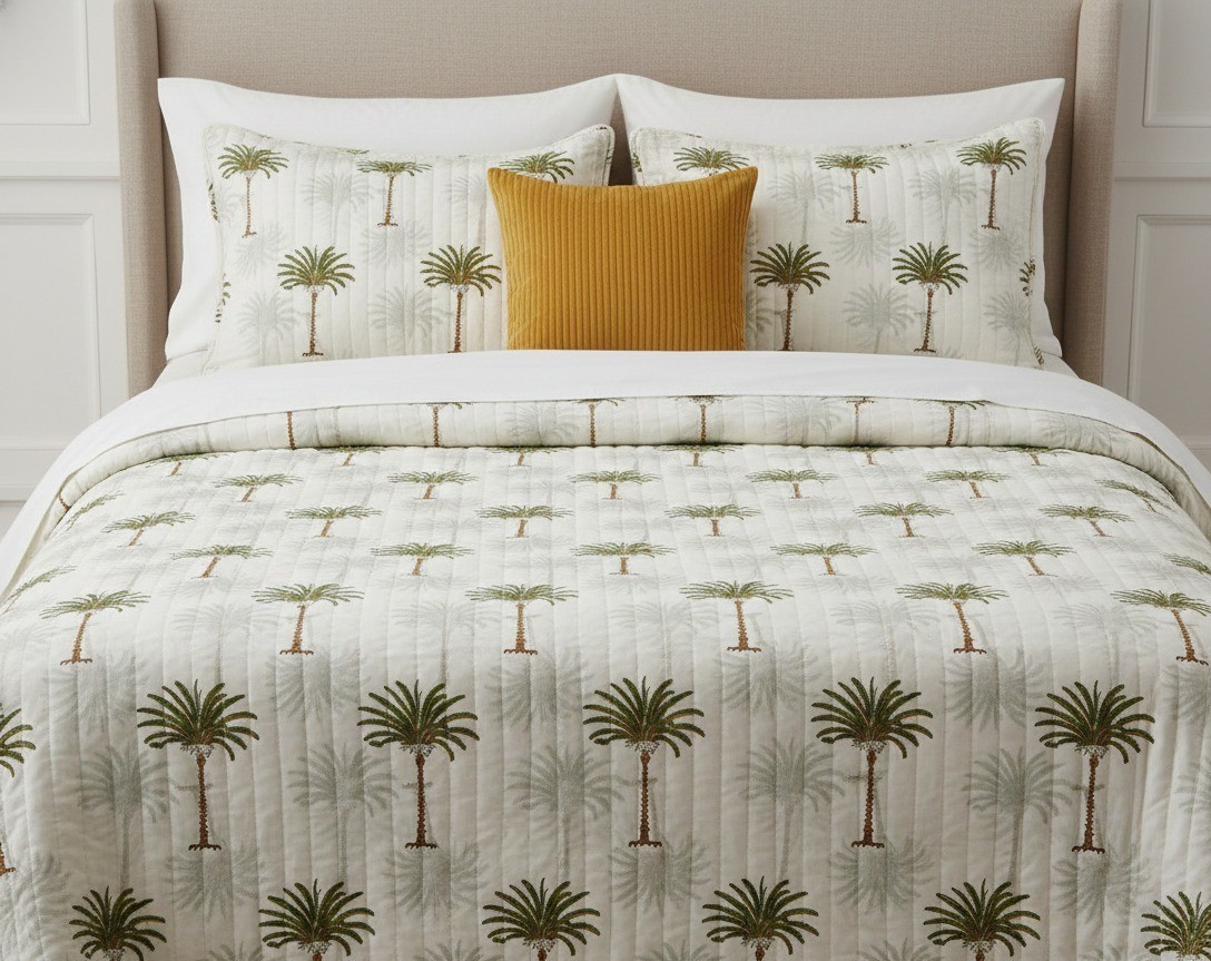 Indian Handmade Palm Tree Print Cotton Kantha Quilt Boho Bedspread Blanket Throw