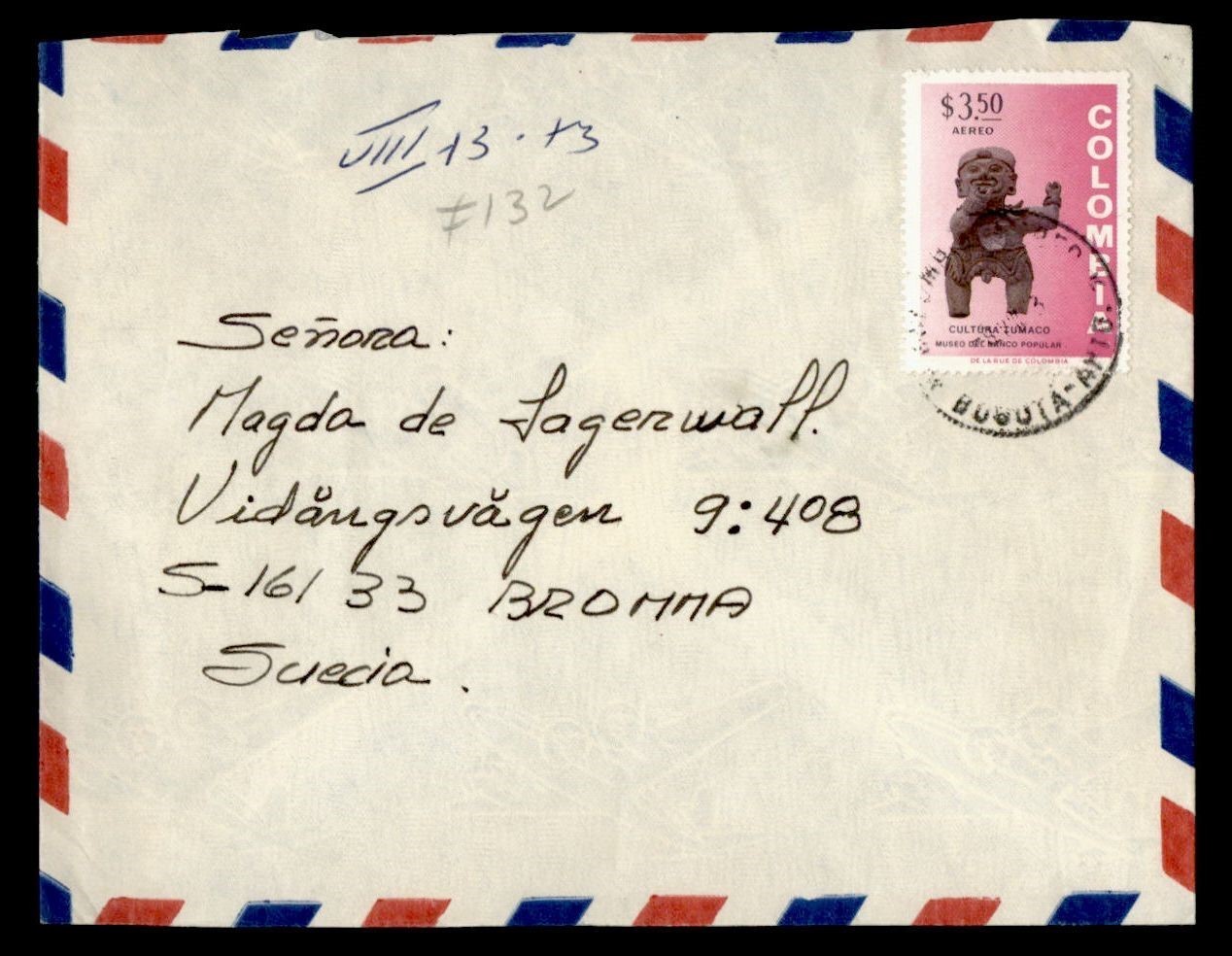 DR WHO COLOMBIA 3.50 AIRMAIL BOGOTA TO SWEDEN M63193