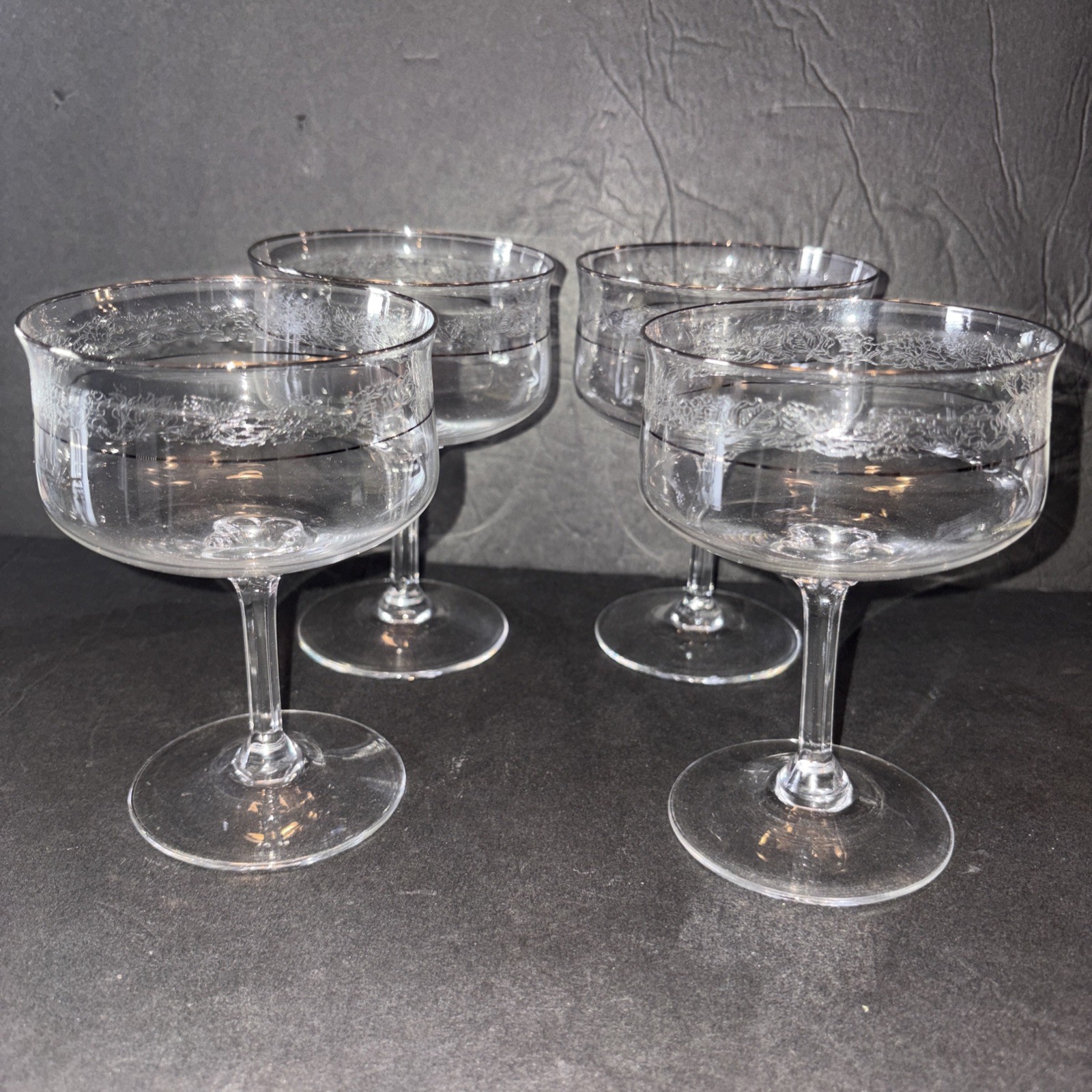 Vtg LENOX Moonspun Platinum Trim Champagne/ Sherbet Glass Etched Set of 4